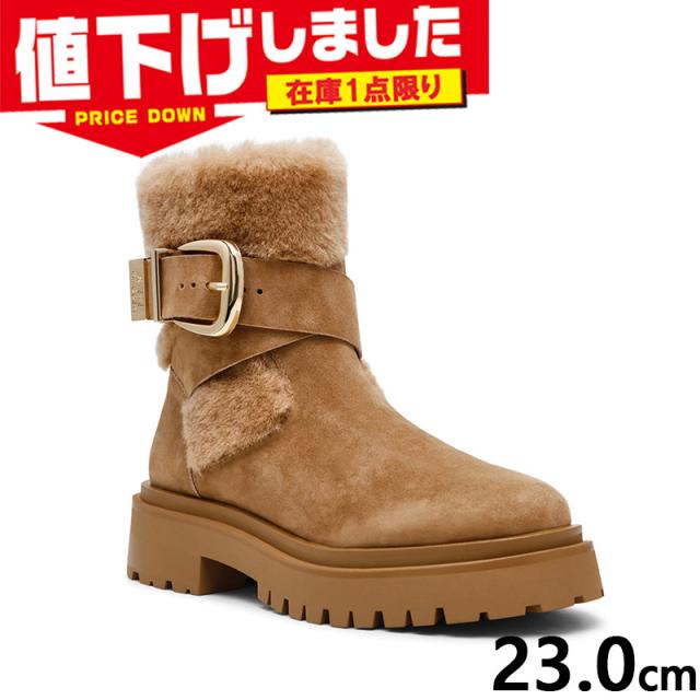 在庫1点限り 6.5(23.0cm) ヒール5ｃｍ スティーブマデン レディース ファースエードショートブーツ 靴 シューズ ショート おしゃれ バックル付き ブラウン 茶色 送料無料 STEVE MADDEN LODGE-VA