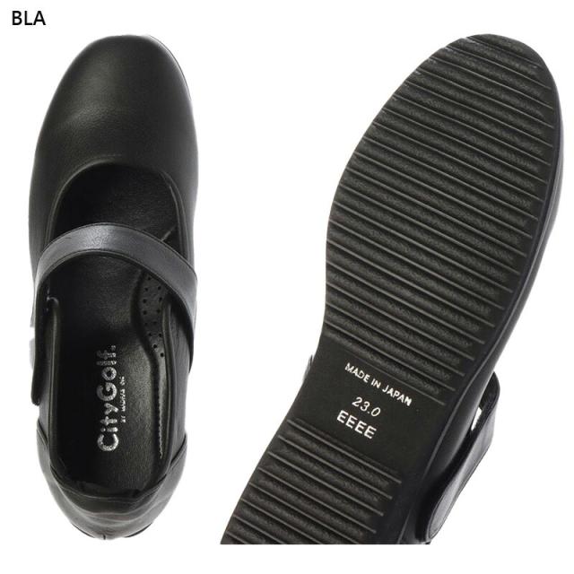 在庫1点限り 24.5cm 4E 幅広 ワイド ゴルフ レディース シティゴルフ 甲ベルト フラットパンプス 靴 シューズ カジュアル おしゃれ ストラップ 軽量 ブラック 黒 送料無料 GOLF GFL5210B
