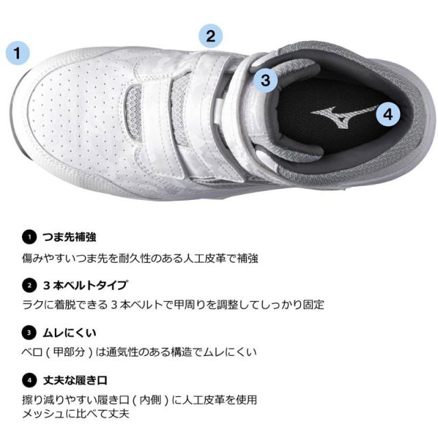3E相当 幅広 ワイド ミズノ メンズ オールマイティ LS II 21M ミッドカット 安全靴 軽量 マジックテープ 通気 反射材 クッション 耐油 耐滑 安全靴 ホワイト 白 ブラック 黒 ネイビー レッド 赤 送料無料 Mizuno F1GA2200_2