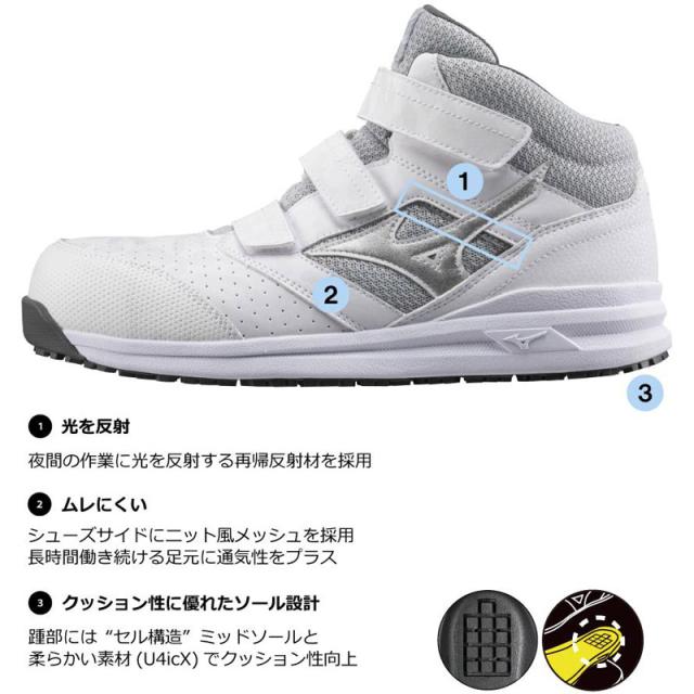 3E相当 幅広 ワイド ミズノ メンズ オールマイティ LS II 21M ミッドカット 安全靴 軽量 マジックテープ 通気 反射材 クッション 耐油 耐滑 安全靴 ホワイト 白 ブラック 黒 ネイビー レッド 赤 送料無料 Mizuno F1GA2200_3