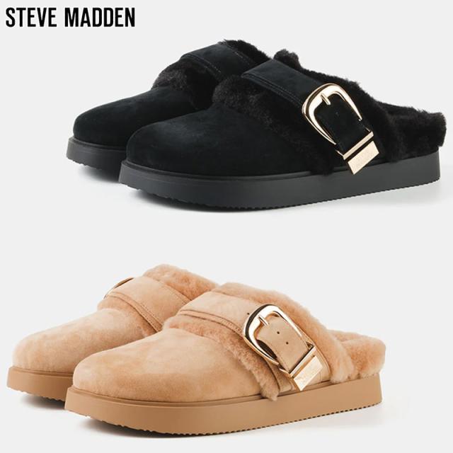 ヒール2.5ｃｍ スティーブマデン レディース Cozyup-va ファーバックルサボ サンダル 靴 シューズ クロッグ 冬 スリッポン 安定感 スタイルアップ ブラック 黒 ブラウン 茶色 送料無料 STEVE MADDEN COZYUP