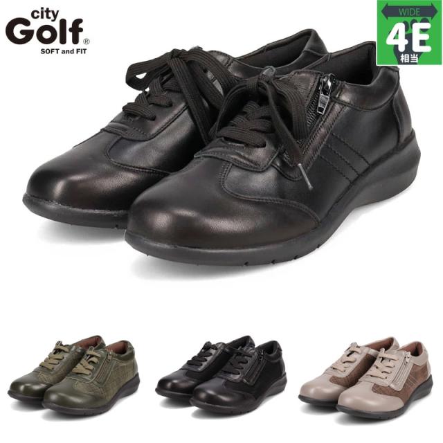 4E 幅広 ワイド ゴルフ レディース シティゴルフ スニーカー 靴 シューズ カジュアル レースアップ シンプル 歩きやすい 履きやすい 軽量 軽い ブラック 黒 カーキ 送料無料 GOLF GFL1522