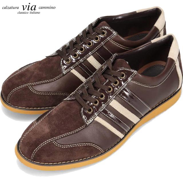 ３E 幅広 ヴィアカミーノ メンズ 軽量レザースニーカー VC1519 靴 シューズ カジュアル 本革 シンプル スタイリッシュ お出かけ 軽量 大人向け ブラウン 茶色 送料無料 via cammino VC1519
