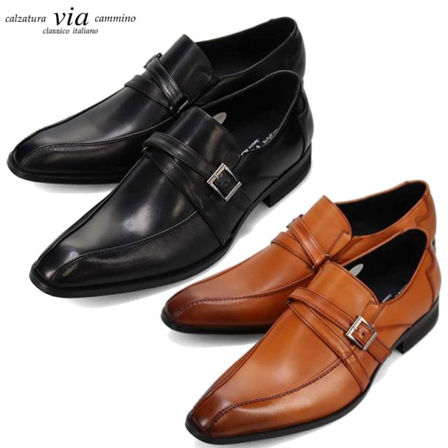 ３E 幅広 ヴィアカミーノ メンズ モンクストラップドレスシューズ ビジネス 靴 シューズ 個性派 おしゃれ クロスベルト 牛革キップ シャープな木型 ブラック 黒 ブラウン 茶色 送料無料 via cammino VC2506