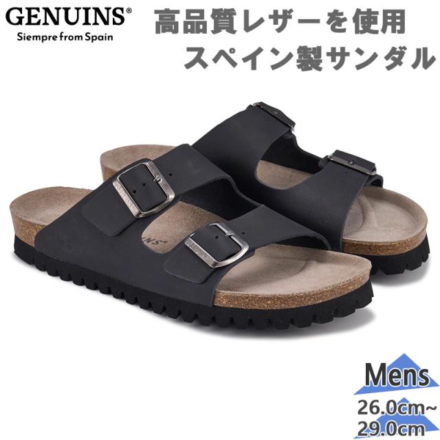 GENUINS メンズ ジェニュインズ サンダル 靴 シューズ レザーサンダル オイルレザー スペイン製 ブラック 黒 送料無料 GENUINS G105048JT