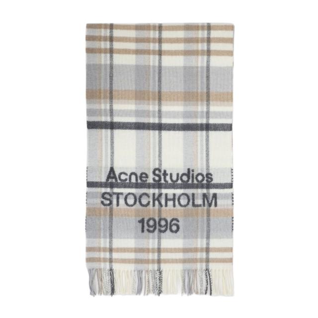 アクネ ストゥディオズ／ACNE STUDIOS チェックロゴスカーフ・ワイド ユニセックス・ロゴ・フリンジ・ストール・マフラー(ホワイト/ベージュ) CA0385 AYS／WHITE*BEIGE[並行輸入/海外正規品/返品可]★クーポン5%OFF