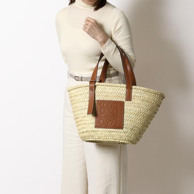 ロエベ／LOEWE"BASKET BAG・バスケットバッグ(ヤシの葉&カーフ)"トート＆ショルダーバッグ・かごバッグ(ナチュラル×タン・ブラウン) 327.02S92 2435／PALM LEAF*CALF／NATURAL*TAN[返品OK]