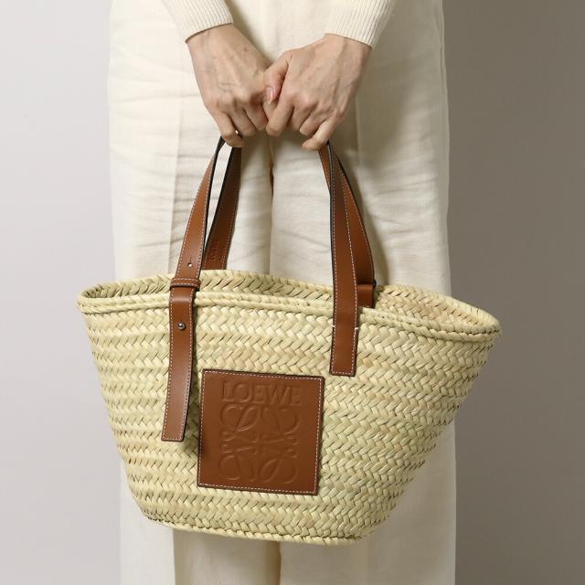 ロエベ／LOEWE"BASKET BAG・バスケットバッグ(ヤシの葉&カーフ)"トート＆ショルダーバッグ・かごバッグ(ナチュラル×タン・ブラウン) 327.02S92 2435／PALM LEAF*CALF／NATURAL*TAN[返品OK]
