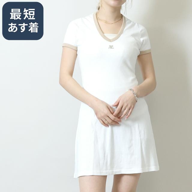【タイムセール&クーポン5%OFF】クレージュ／COURREGES CONTRAST V NECK MINI DRESS・コントラストVネックミニワンピースレディース・半袖ワンピース・ブイネック(ホワイトヘリテージ*サンド) 224JRO397 JS0070 B131／WHITE HERITAGE *SAND[返品無料]
