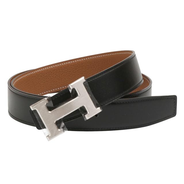 【タイムセール&クーポン5%OFF】エルメス／HERMES ベルトバックル 《H》 & レザーベルト セット・32mm・マットシルバー金具 ボックスカーフ×トーゴ リバーシブルベルト(ブラック×ゴールド) H073967CAAA／TOGO／NOIR*GOLD／SILVER金具[返品無料]