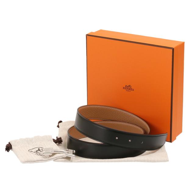 【タイムセール&クーポン5%OFF】エルメス／HERMES ベルトバックル 《H》 & レザーベルト セット・32mm・マットシルバー金具 ボックスカーフ×トーゴ リバーシブルベルト(ブラック×ゴールド) H073967CAAA／TOGO／NOIR*GOLD／SILVER金具[返品無料]