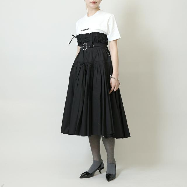 【12月SALE＆クーポン5%OFF】ジルサンダー／JIL SANDER ベルト付きプリーツロングスカート・ハイウエストワンピース・ドレス・ライトウェイト コットン(ブラック) J40MA0140 J45127 001／BLACK[返品無料] 10月SALE&クーポン5%OFF】ジルサンダー／JIL SANDER ベルト付き