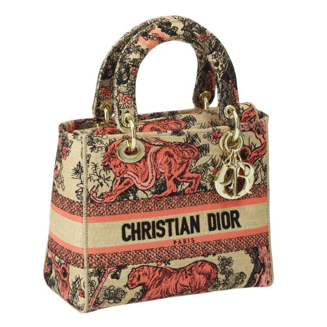 【タイムセール&クーポン5%OFF】クリスチャン・ディオール／CHRISTIAN DIOR LADY DIOR MEDIUM・Lady Dior バッグ ミディアム キャンバス×ラフィア・2WAY ショルダー&ハンドバッグ・クロスボディ(コーラルマルチ)M0565OEGO 68E／CORAL MULTI[返品無料]