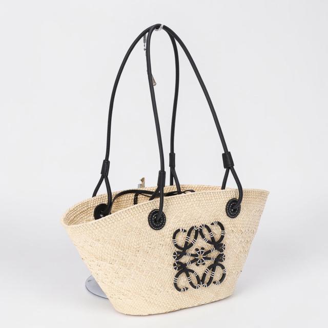 ロエベ／LOEWE ANAGRAM SMALL BASKET BAG・アナグラム バスケットバッグ スモール イラカヤシ&カーフ・トート＆ショルダーバッグ・かごバッグ(ナチュラル×ブラック) A223P65X01 2165／IRACA PALM*CALF[返品OK]