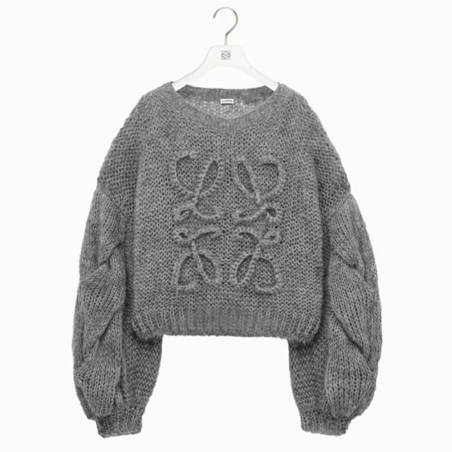 【クーポン5%OFF】ロエベ／LOEWE アナグラム セーター(モヘア) レディース・ケーブル編み・アナグラムアップリケ(グレー) S359Y14KBO 1440／GREY MELANGE