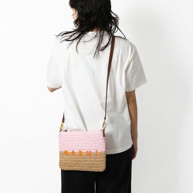 マルニ／MARNI PAPER RAFFIA SEASIDE POUCH・ペーパーラフィア製 シーサイドポーチ ショルダーバッグ・ロゴ入り・ポシェット・ポーチ PHMO0046U0 P9110 ZP200／ローズピンク×ポンペイレッド×キャロットオレンジ[返品OK]★クーポン5%OFF_1
