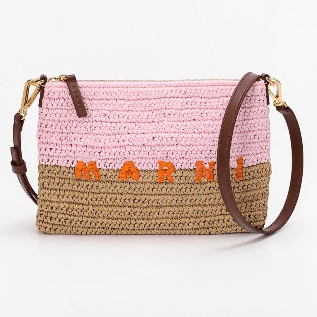 マルニ／MARNI PAPER RAFFIA SEASIDE POUCH・ペーパーラフィア製 シーサイドポーチ ショルダーバッグ・ロゴ入り・ポシェット・ポーチ PHMO0046U0 P9110 ZP200／ローズピンク×ポンペイレッド×キャロットオレンジ[返品OK]★クーポン5%OFF_3