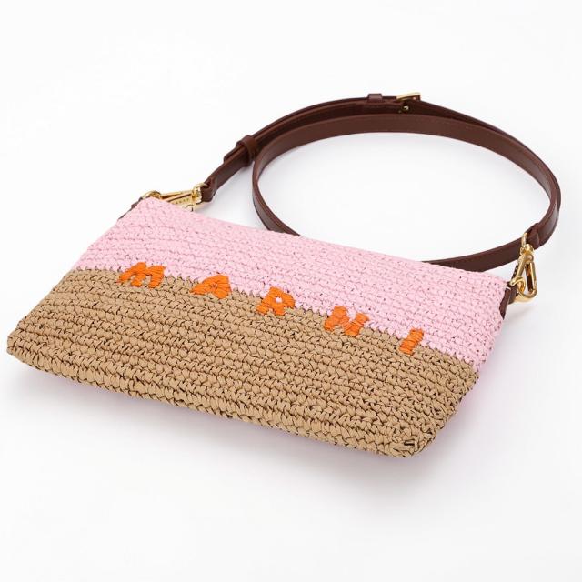 マルニ／MARNI PAPER RAFFIA SEASIDE POUCH・ペーパーラフィア製 シーサイドポーチ ショルダーバッグ・ロゴ入り・ポシェット・ポーチ PHMO0046U0 P9110 ZP200／ローズピンク×ポンペイレッド×キャロットオレンジ[返品OK]★クーポン5%OFF_5