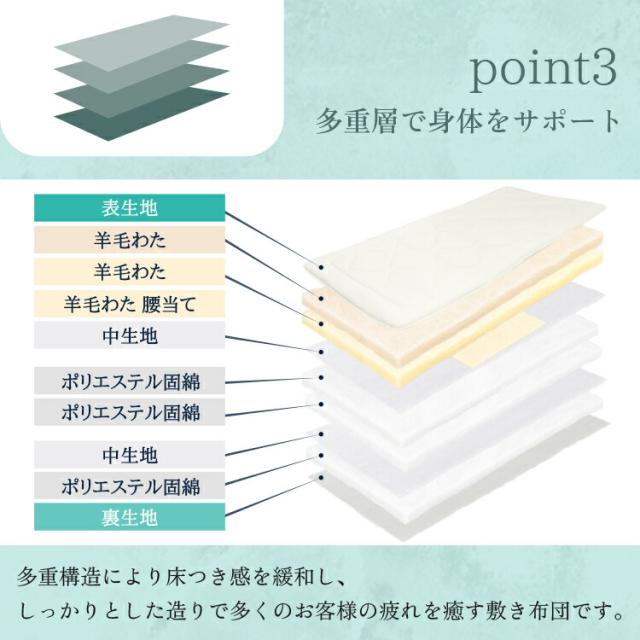 【レビュー特典付 枕カバー】極厚多重層 羊毛 敷布団 マルハチ 丸八布団 丸八真綿 3層 ライト シングル 布団 マット ベッド 敷き 敷き布団 除湿 袋 腰 羊毛敷布団 しきふとん ホテル 旅館 愛用 厚い 厚手 おすすめ 人気 大人気 寝具 ふかふか 厚め 羊毛敷き布団 丸八 受発注_6