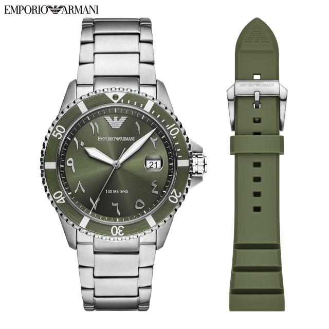 エンポリオアルマーニ EMPORIO ARMANI 腕時計 メンズ WORLD EXPLORER 三針デイト ステンレススチールウォッチ＆グリーンシリコンストラップセット AR80072SET