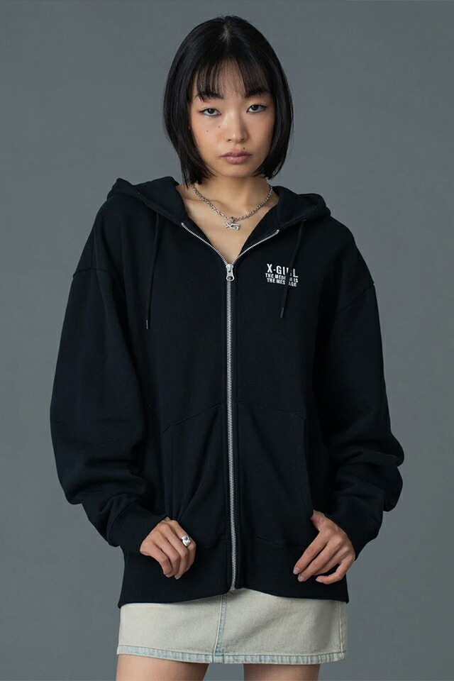 X-girl エックスガール 105261012016 CIRCLE MESSAGE AND FACE ZIP UP SWEAT HOODIE ジップパーカー BLACK 正規通販 レディース_9