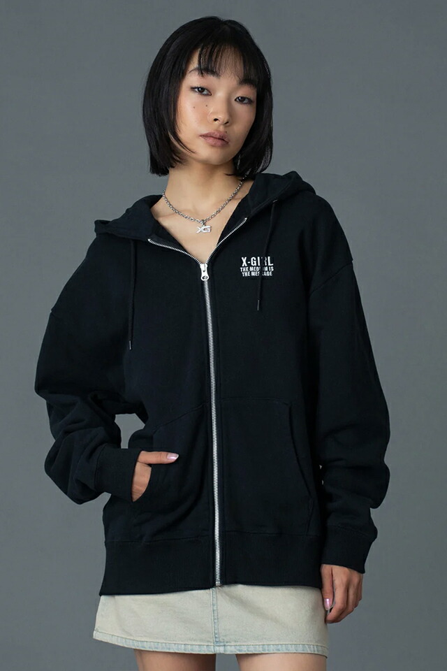 X-girl エックスガール 105261012016 CIRCLE MESSAGE AND FACE ZIP UP SWEAT HOODIE ジップパーカー BLACK 正規通販 レディース_10