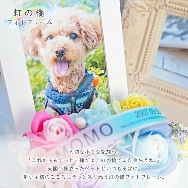 送料無料 《虹の橋フォトフレーム》 ソープフラワー ペット お供え お供え花 仏花 虹の橋 レインボー メモリアルグッズ 供養 花 犬 猫 うさぎ 名入れ 名前入り 命日 シャボンフラワー 写真立て L判 枯れない_1