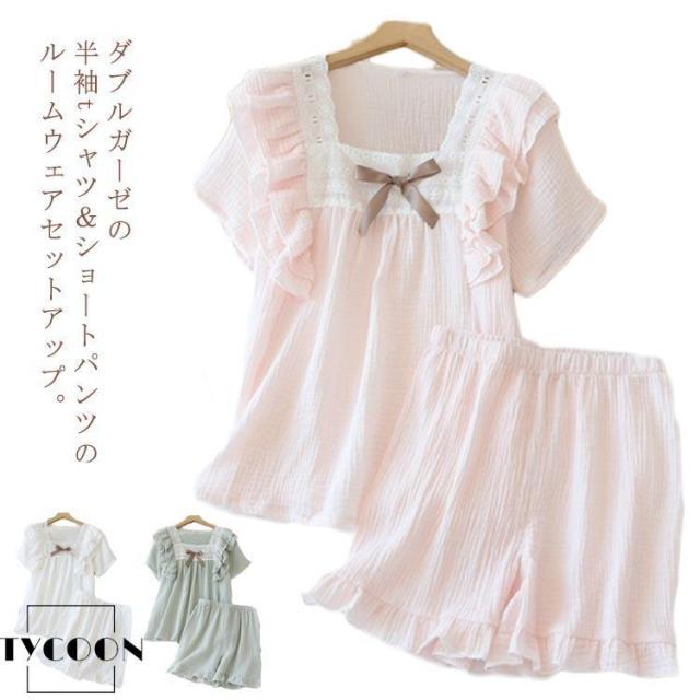 パジャマ コットン ダブル キッズ レース ルームウェア フリル パンツ 半袖 ガーゼ 女の子 ショートパンツ リボン 上下セット tシャツ 可愛い