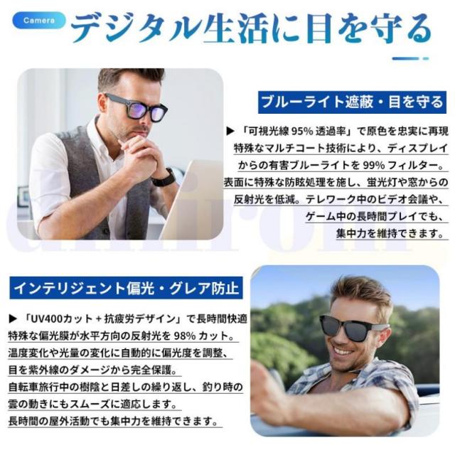 ★収納ケース無料差し上げ★新世代！スマートグラス カメラ付き 録画 録音 映像 スマートメガネ iPhone 眼鏡 音楽再生 通話可能 Bluetooth5.3 日本語説明書付 近視用 サングラス マイク内蔵 AIワイヤレスメガネ 500W解像度 アプリ記録 高音質_3
