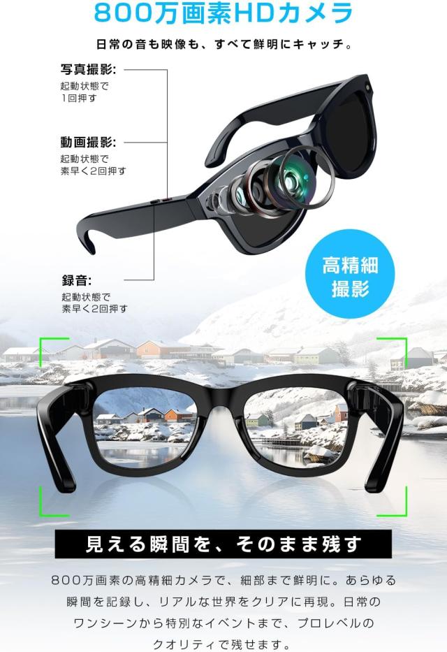 スマートグラス AI 通訳 対応 ChatGPT連携 800万画素カメラ ハンズフリー通話 軽量設計 長時間駆動 ビジネス 海外旅行 会議 メガネ型ウェアラブル端末 スマートグラス AI 通訳 対応 ChatGPT連携 800万画素カメラ ハンズ