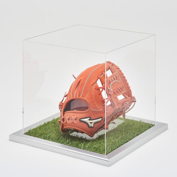 コレクションケース アクリル グローブ 専用スタンド付き 台座タイプ：人工芝 フレーム：CFシルバー 野球 サイン ディスプレイ 収納 飾る