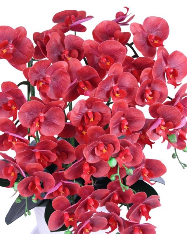 花緑の楽園 人工観葉植物 胡蝶蘭9輪5本レッド陶器鉢 受け皿付き 光触媒品 日本製 職人手作り_2