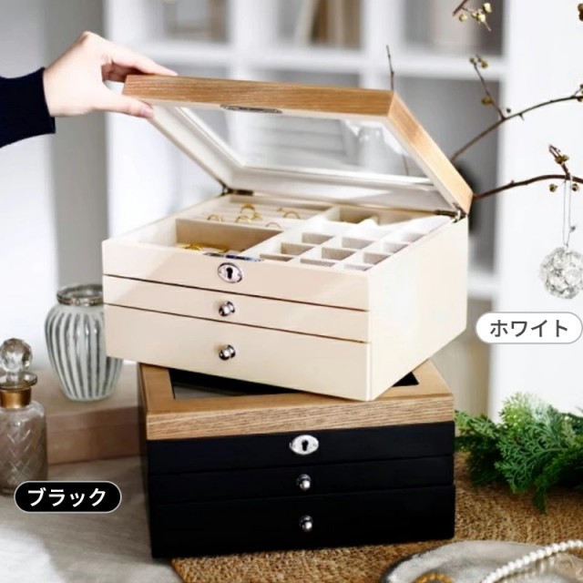 ジュエリーケース 天然木製 ジュエリーボックス　引き出し式 box 3段式 大容量 ガラス 透明窓 カギ付き 鍵 高級感 整理 仕切り ピアス ネックレス イヤリング 指輪 リング 小物収納_8