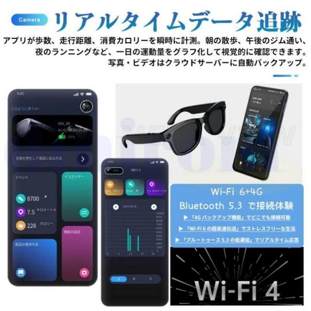 スマートグラス カメラ付き 録画 メガネ iPhone 眼鏡【新世代】 録音 映像 スマート 音楽再生 通話可能 Bluetooth5.3 日本語説明書付 近視用 サングラス マイク内蔵 AIワイヤレスメガネ 500W解像度 アプリ記録 高音質