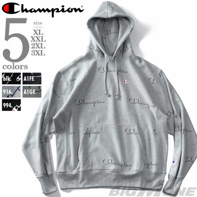 大きいサイズ メンズ Champion チャンピオン 総柄ロゴプルパーカー USA