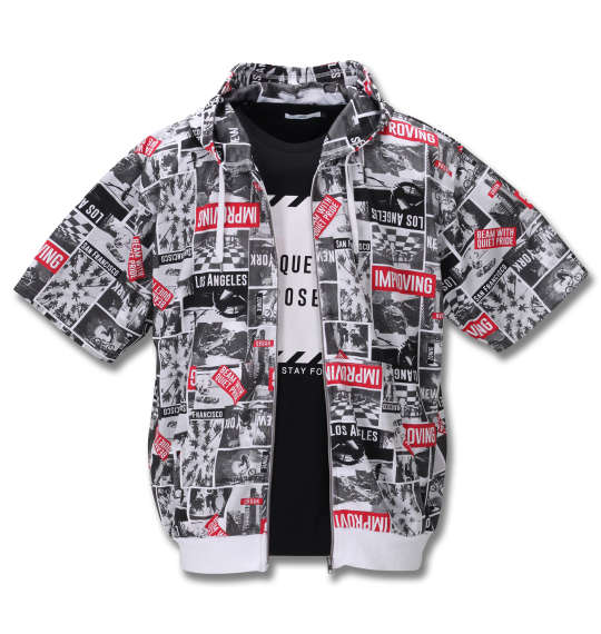 大きいサイズ メンズ RIMASTER メッシュフォト 総柄 半袖 パーカー + 半袖 Tシャツ ホワイト × ブラック 1258-0250-1 3L 4L 5L 6L 8Lの通販は