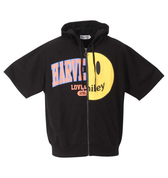 大きいサイズ メンズ SMILEY FACE リメイクカレッジ 半袖 フルジップ パーカー ブラック 1278-2247-2 3L 4L 5L 6L
