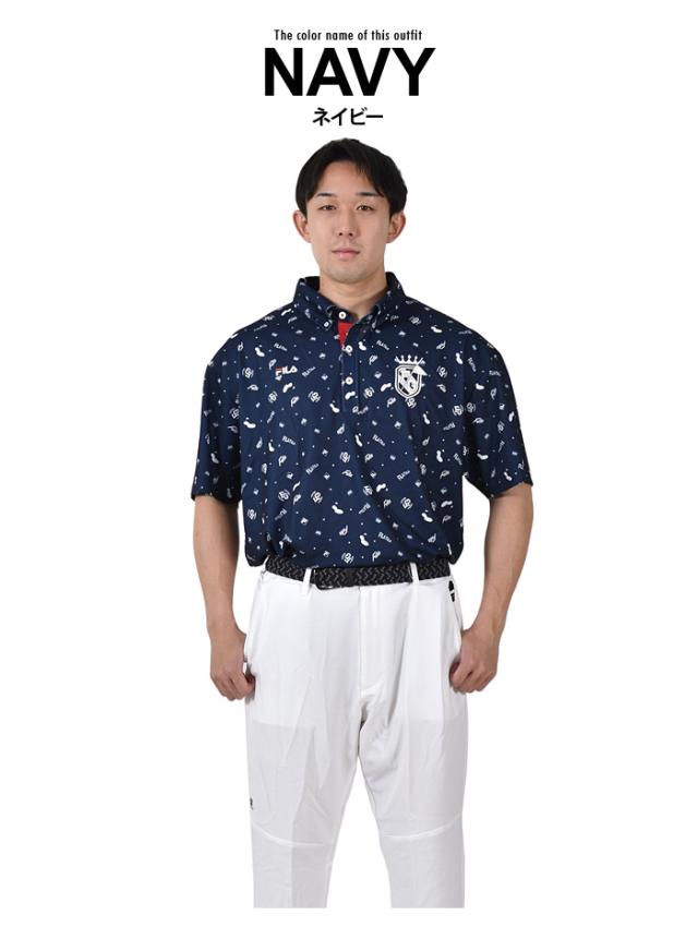 大きいサイズ メンズ FILA GOLF フィラゴルフ 総柄プリント 半袖 ポロシャツ ゴルフウェア 吸汗速乾 UVカット 再生繊維使用 743648k 大きいサイズ メンズ FILA GOLF フィラゴルフ 総柄プリント 半袖