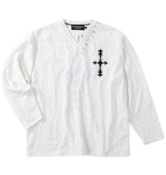 大きいサイズ メンズ GLADIATE 刺繍ブロックジャガード 長袖 Vネック Tシャツ ホワイト 1258-4360-1 3L 4L 5L 6L