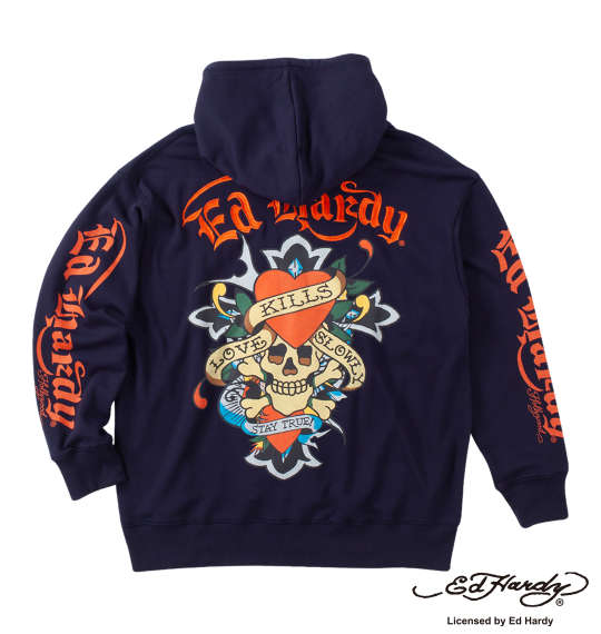 大きいサイズ メンズ Ed Hardy 裏毛 刺繍 & プリント フルジップ パーカー ネイビー 1278-4641-1 3L 4L 5L 6L