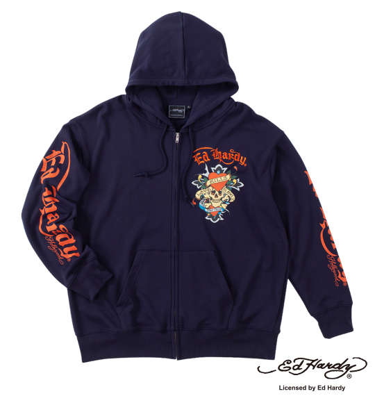 大きいサイズ メンズ Ed Hardy 裏毛 刺繍 & プリント フルジップ パーカー ネイビー 1278-4641-1 3L 4L 5L 6L_1