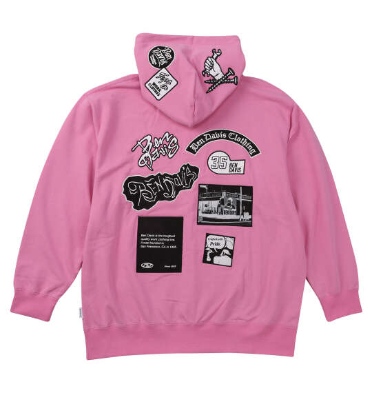 大きいサイズ メンズ BEN DAVIS 裏毛マルチワッペン プル パーカー ピンク 1278-6100-3 3L 4L 5L 6L