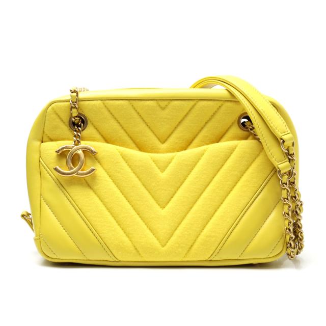 【楠本質店/元住吉】シャネル　CHANEL　Vステッチ　チェーンショルダー　ココマーク　ジャージ × レザー　イエロー　ゴールド金具　ソルド品【中古】