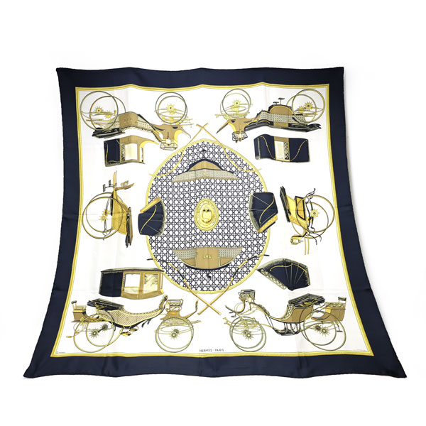 【楠本質店/元住吉】HERMES/エルメス　スカーフ カレ90「Les Voitures A Transformation」　ブラック×ゴールド【中古】