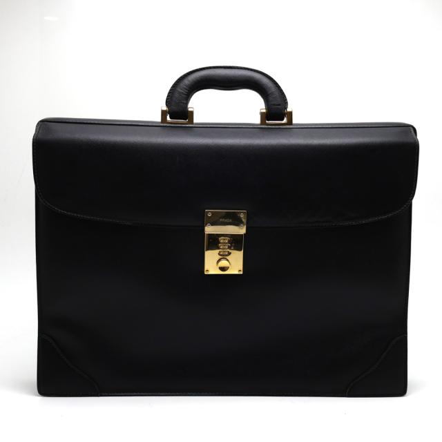 【楠本質店/元住吉】プラダ/PRADA　ブリーフケース/ビジネスバッグ　サフィアーノレザー　ブラック/ゴールド金具【中古】