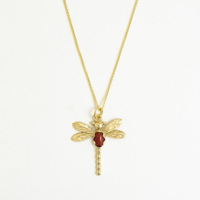 MESH ドラゴンフライ＆ストーンペンダント【レッド】43cm シルバー925 18Kゴールドコート Gold Necklace ギフトBOX入り ジュエリークロス付き ハンドメイド ポルトガル直輸入 COL0176