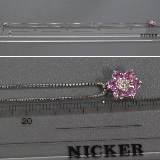 Pt900/850ピンクサファイアダイヤモンドネックレス フラワーモチーフ PS1.385 D0.24 5.5g AJ付45cm プラチナ_7