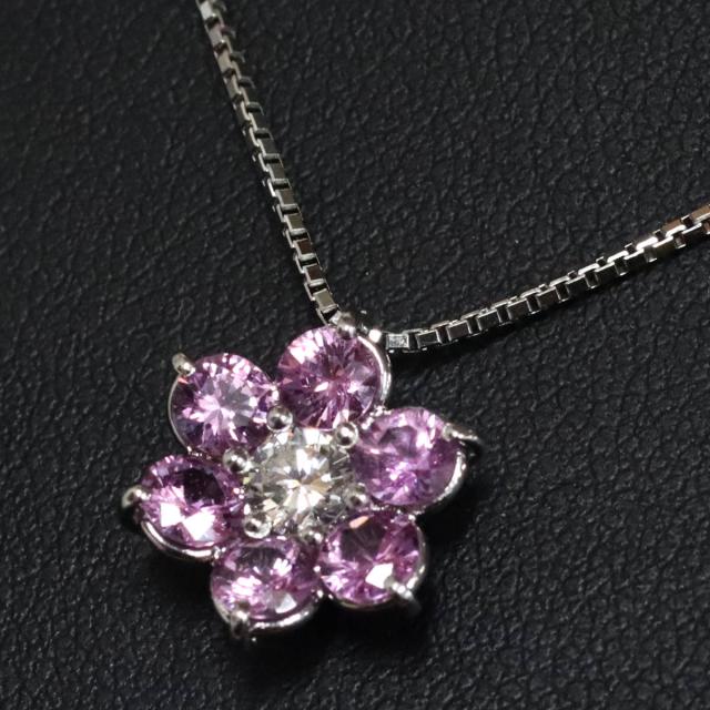 Pt900/850ピンクサファイアダイヤモンドネックレス フラワーモチーフ PS1.385 D0.24 5.5g AJ付45cm プラチナ_5