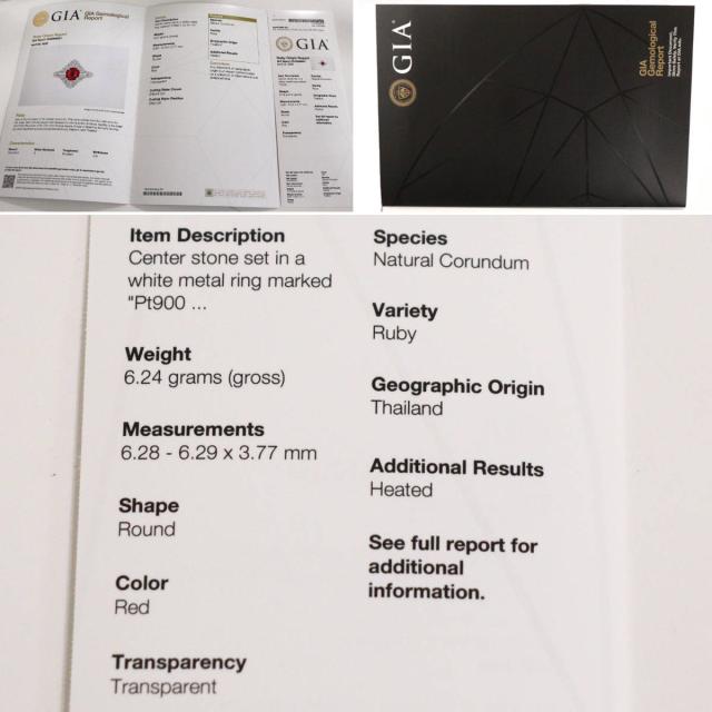 Pt900ルビーダイヤモンドリング R1.25 D1.03　6.2ｇ #11.5 ＧＩＡ鑑別書　プラチナ タイ産ルビー 11.5号 テーパーダイヤ_9
