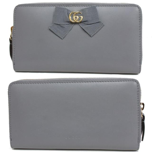 【中古】グッチ プチマーモント レザー ジップアラウンドウォレット(435819 DLXWJ 1765)グレー リボン 日本限定